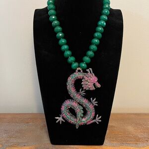 Vintage Beautifully detailed Jeweled & Green Beaded Necklace with Dragon Pendant